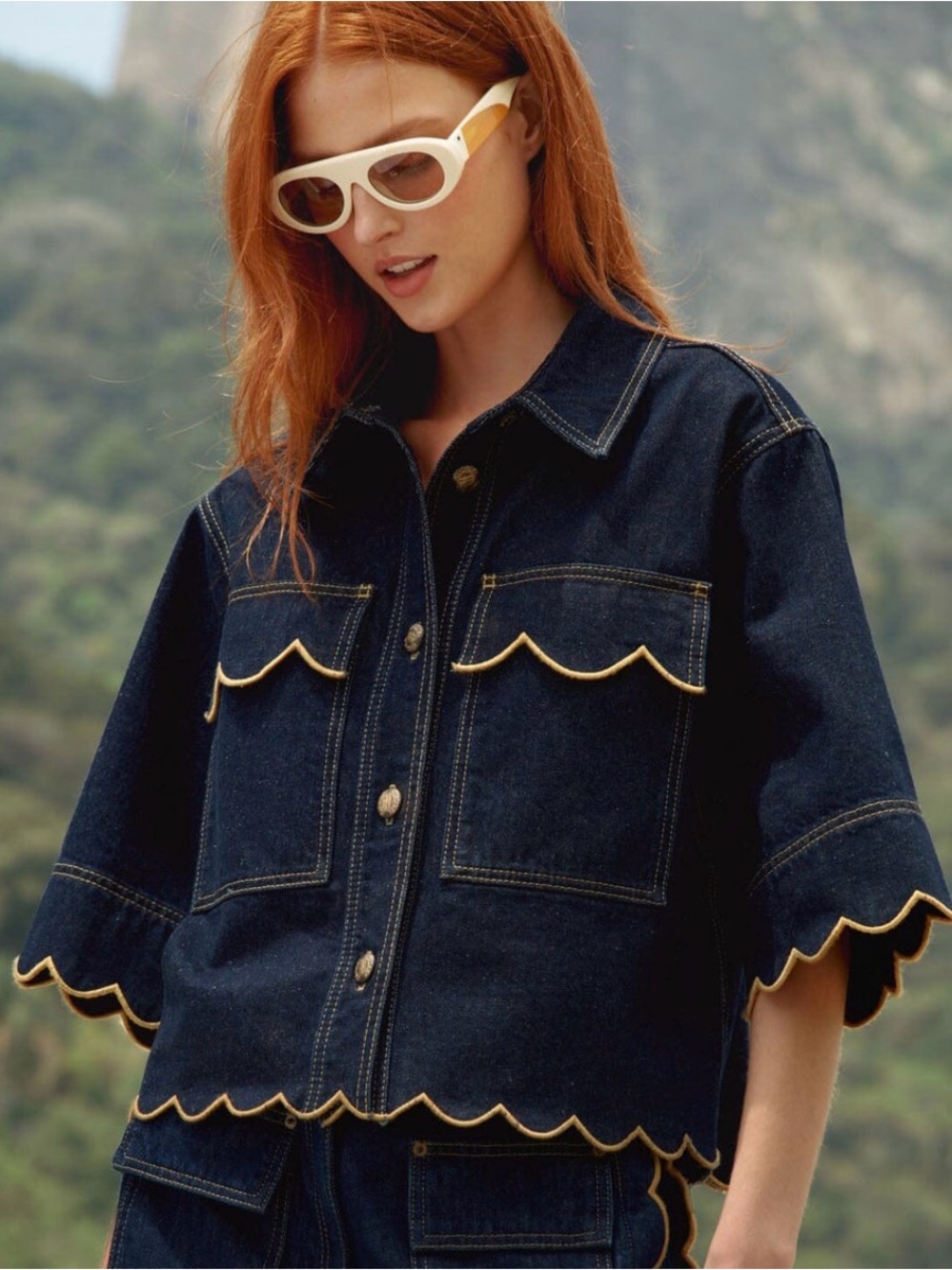 Farm Rio Dark Denim Wavy Hem Short Sleeve Shirt